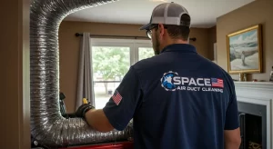 Technician from Space Air Duct Cleaning preparing to clean air ducts, with the equipment setup.