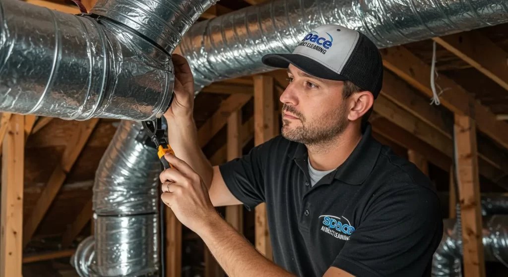 Technician from Space Air Duct Cleaning inspecting and securing a section of air duct.