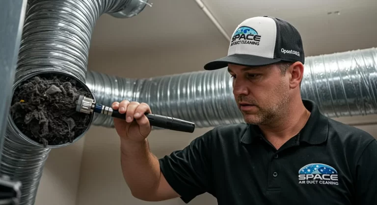 Technician from Space Air Duct Cleaning inspecting and cleaning air ducts with a specialized tool, removing accumulated dust and debris.