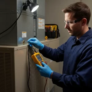 A close-up shot of a uniformed technician carefully inserting the manometer probe