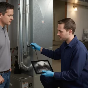 technician using an inspection camera to show a homeowner the inside of their ductwork