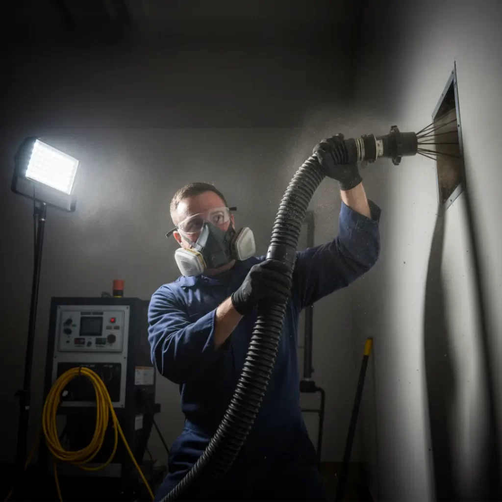 Technician operating vacuum equipment to clean a duct opening