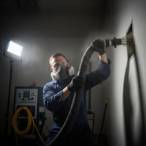 Technician operating vacuum equipment to clean a duct opening