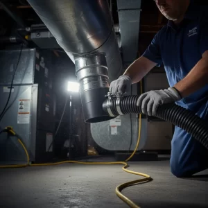 close-up of a powerful vacuum hose being connected to an HVAC main trunk line