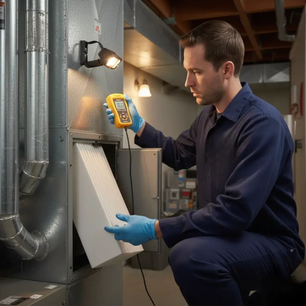 a technician assessing airflow restriction with a high-MERV filter and a digital manometer