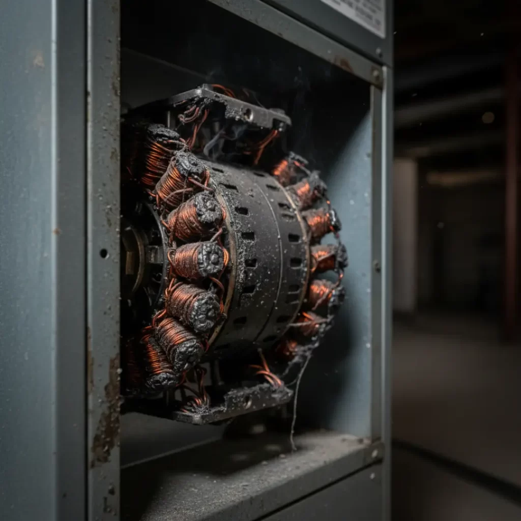 Showing a damaged or burnt motor winding provides tangible proof of the "silent killer" aspect of static pressure. It turns an abstract electrical problem into a visible mechanical failure.