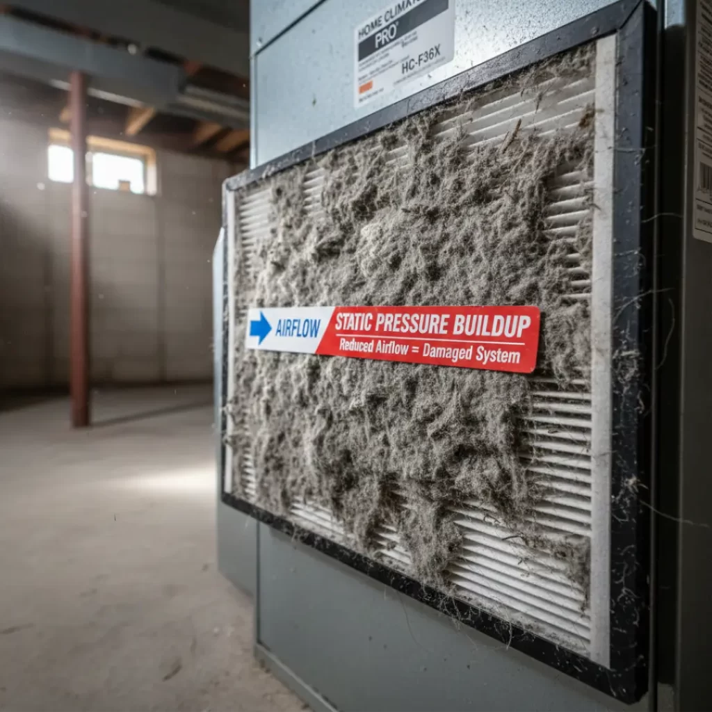 a clogged filter immediately connects the technical concept of "static pressure" to a common homeowner mistake.