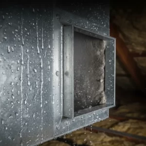 Heavy water droplets and moisture beads "sweating" off the side of a silver metal HVAC duct in a dark attic space.