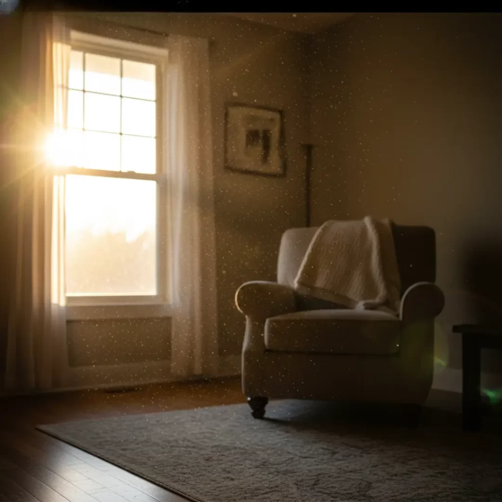 A living room scene where a strong beam of sunlight reveals thousands of tiny dust particles suspended in the air.