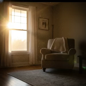 A living room scene where a strong beam of sunlight reveals thousands of tiny dust particles suspended in the air.
