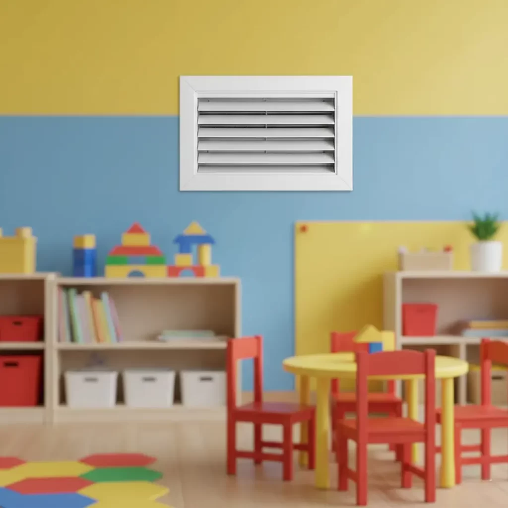 A clean, white rectangular air vent mounted on a brightly colored yellow and blue wall above organized toy shelves and small red chairs in a preschool room.