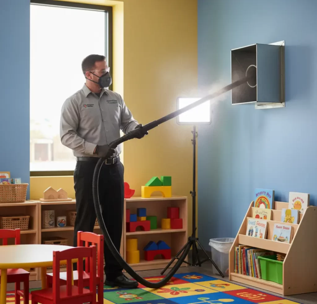 A professional technician wearing a face mask and safety gear using a high-powered vacuum hose to clean an air duct in a daycare classroom.