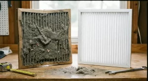 A dirty, gray air filter standing next to a clean, white replacement on a workbench.