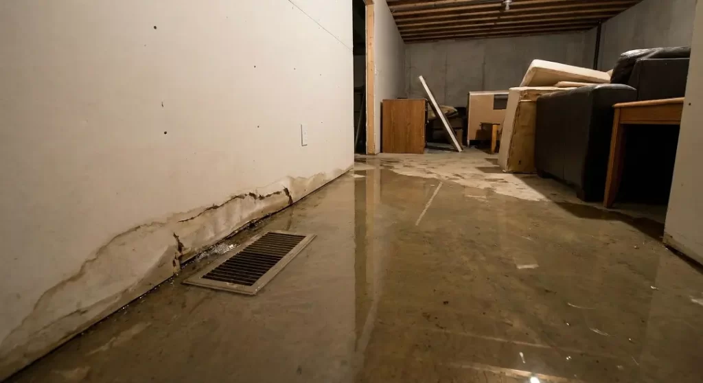 A wide shot of a flooded room with several inches of standing water reflecting the light. The drywall near the floor is stained and peeling from water absorption, and furniture is visible in the background.