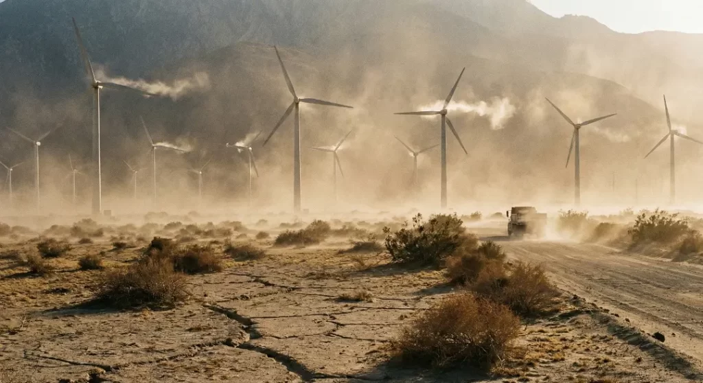 Wind turbines in a desert landscape obscured by a thick haze of blowing dust.