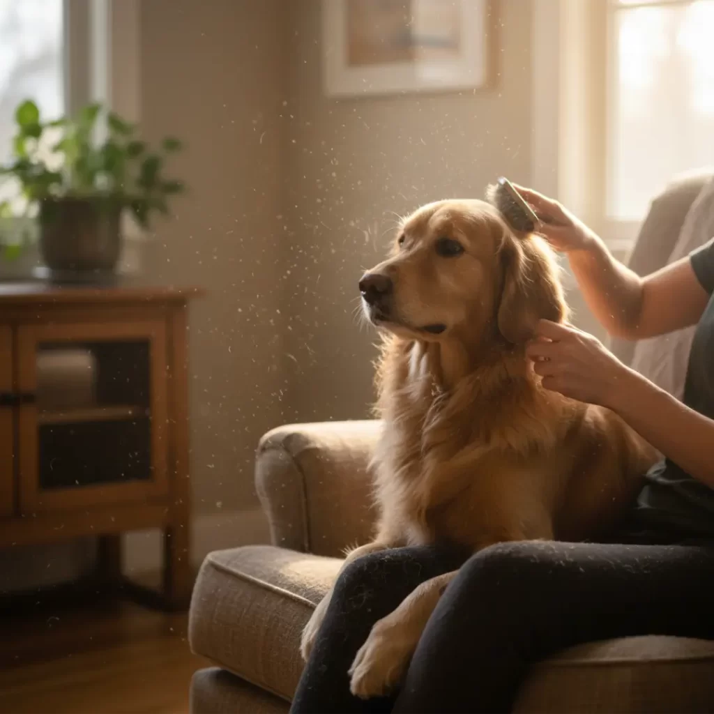 A person brushing a golden retriever indoors, with dander and hair illuminated by sunlight streaming through a window.