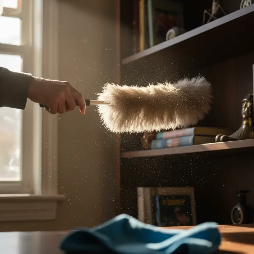 A person using a feather duster on a bookshelf, with visible dust particles floating in a beam of sunlight.