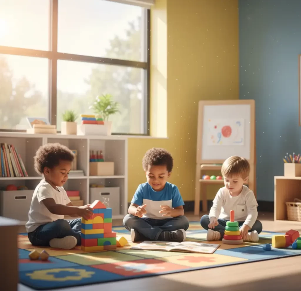 Three young children sitting on a colorful alphabet rug, playing with building blocks in a sunlit classroom.