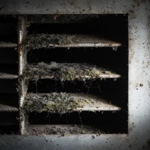A close-up view of a metal air conditioning vent covered in thick layers of grey dust and dark green mold growth.