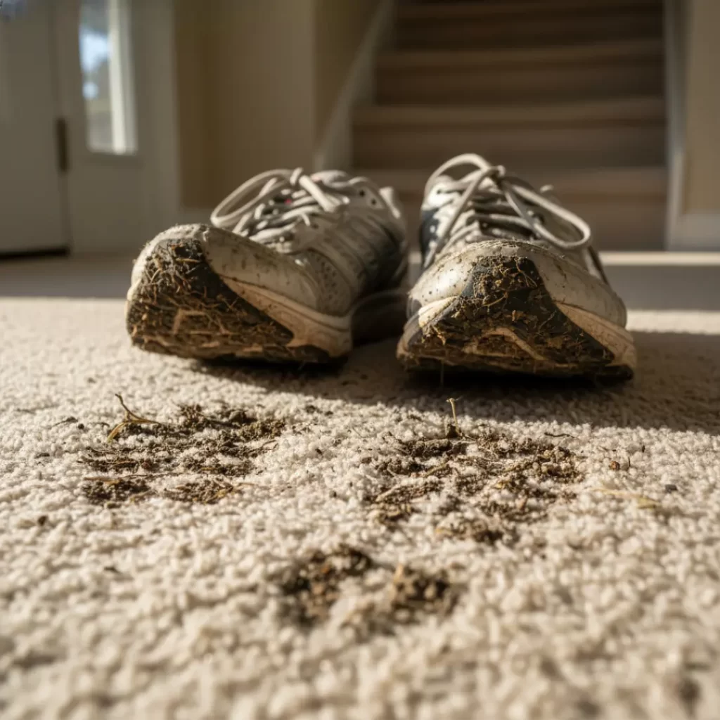 A pair of muddy athletic shoes sitting on a light-colored carpet with dark, dirty footprints leading away from them.