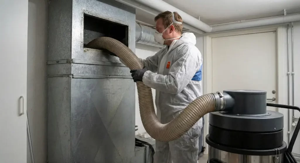 A technician in protective gear using a heavy-duty vacuum system to clean residential air ducts.