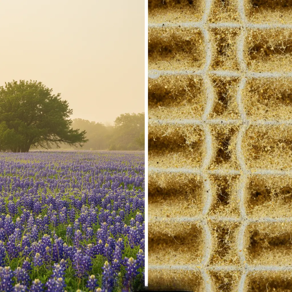 A split image showing a field of purple wildflowers on the left and a microscopic view of a dirty air filter on the right.