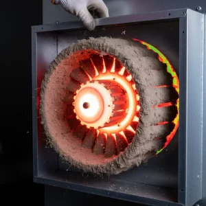 Close-up of a circular HVAC blower fan covered in a thick layer of grey lint and dust, glowing with orange heat.