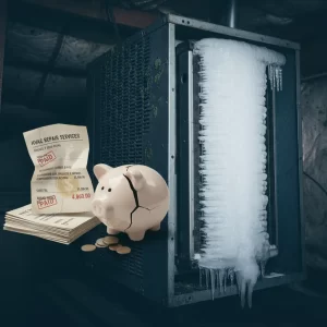 A split image featuring an HVAC unit encased in ice on the right, and a broken piggy bank next to a high-priced repair invoice on the left.