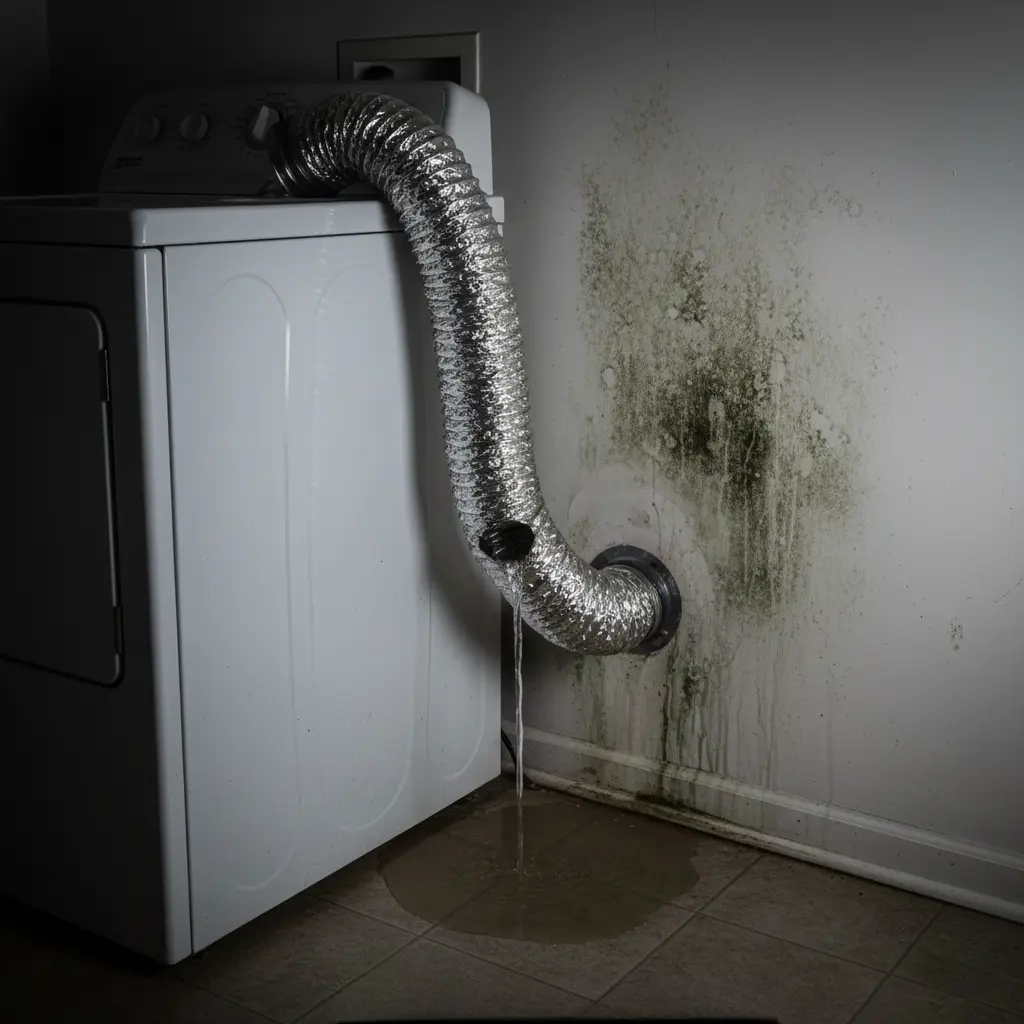 A white laundry machine with a silver vent hose leaking water onto the floor and causing dark mold growth on the wall.
