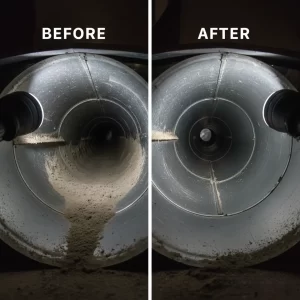 A side-by-side "Before and After" view of a metal air duct, showing heavy dust buildup on the left and a clean, shiny interior on the right.