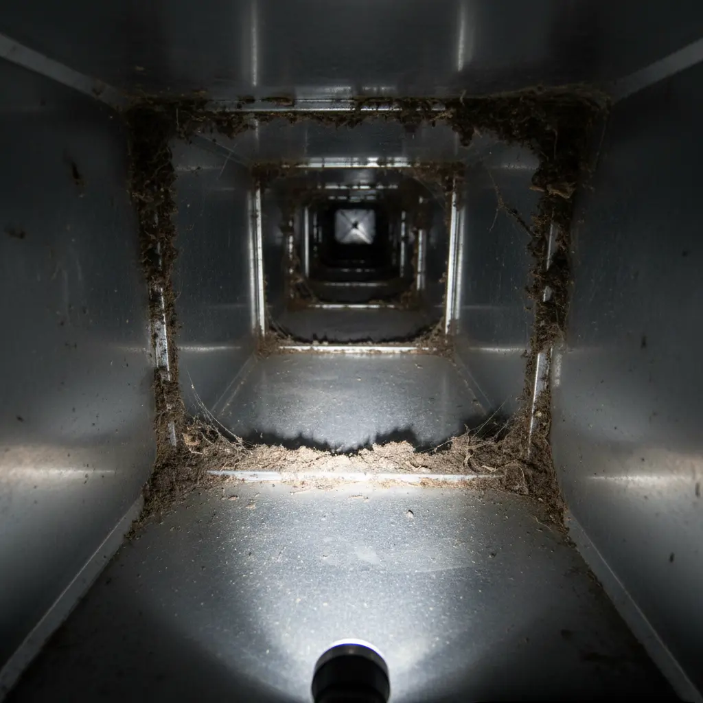 A flashlight illuminates the interior of a square metal air duct, revealing heavy accumulation of dust and debris along the corners and bottom.