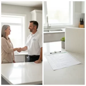 A split image showing an HVAC technician shaking hands with a homeowner on the left, and a close-up of a service checklist on a counter on the right.