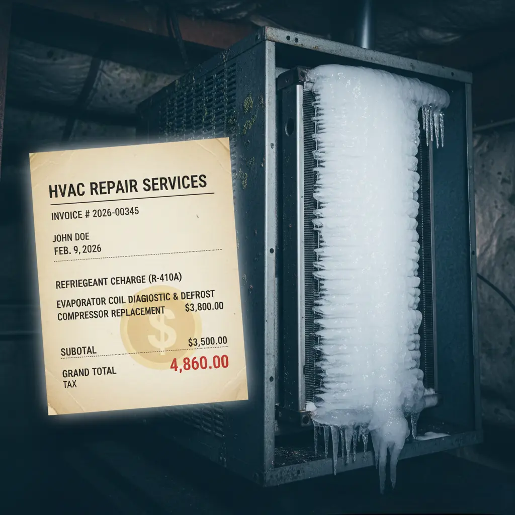 An HVAC unit covered in a thick sheet of ice next to a repair invoice totaling $4,860.00.