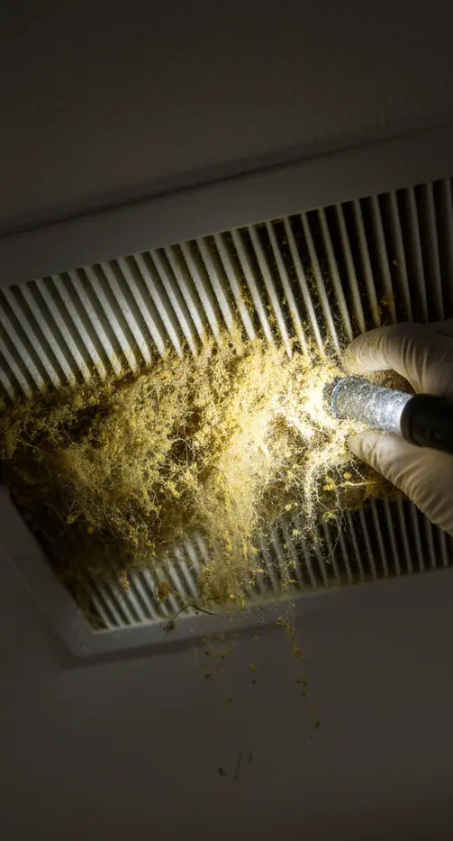 A close-up of a hand holding a flashlight to inspect a wall vent covered in thick, yellowed dust and debris.