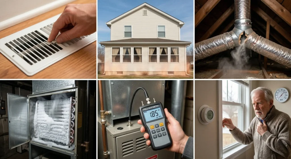A sequential photographic collage illustrating the six stages of HVAC failure caused by closing vents: a hand closes a floor vent, the house exterior is shown, a ductile is shown leaking in an attic, a cooling coil is frozen solid with ice, a technician's manometer displays high pressure, and an uncomfortable homeowner stands in a cold room looking puzzled.