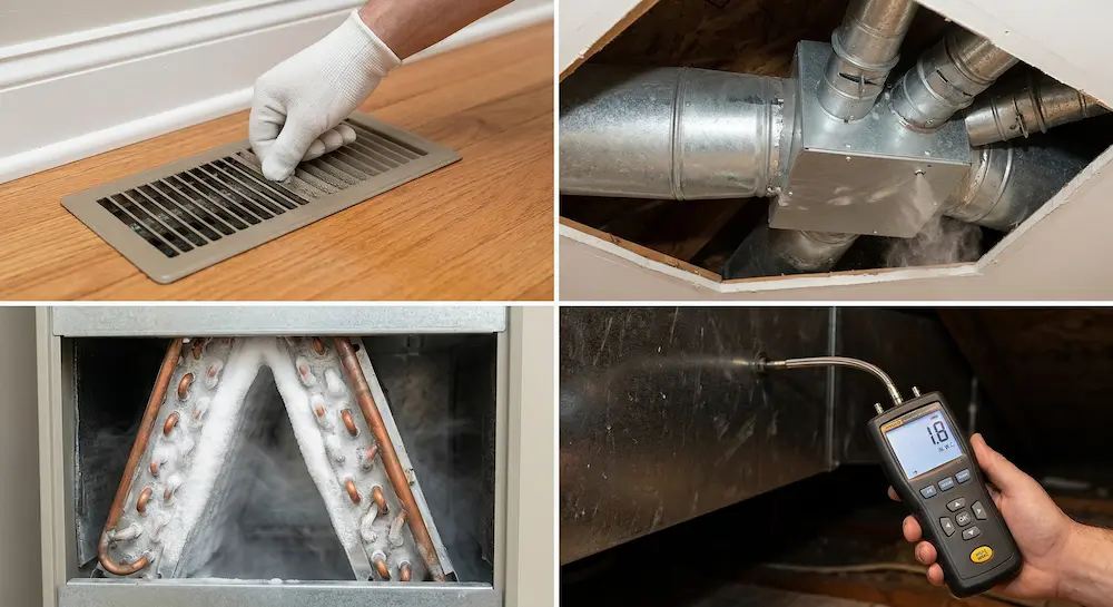 A four-part photographic collage showing the cycle of HVAC failure: a hand closing a floor vent, air leaking from high-pressure duct seams, a cooling coil completely encased in ice due to restricted airflow, and a technician's manometer displaying a dangerously high static pressure reading of 1.8 inches.