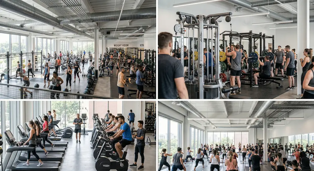 You said
shorter
Gemini said
A four-panel collage showing different areas of a busy, modern gym.