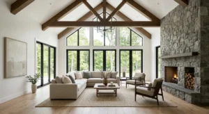 A bright, modern farmhouse living room with vaulted ceilings and exposed wood beams features a large, off-white sectional sofa, a woven jute rug, and a central coffee table.
