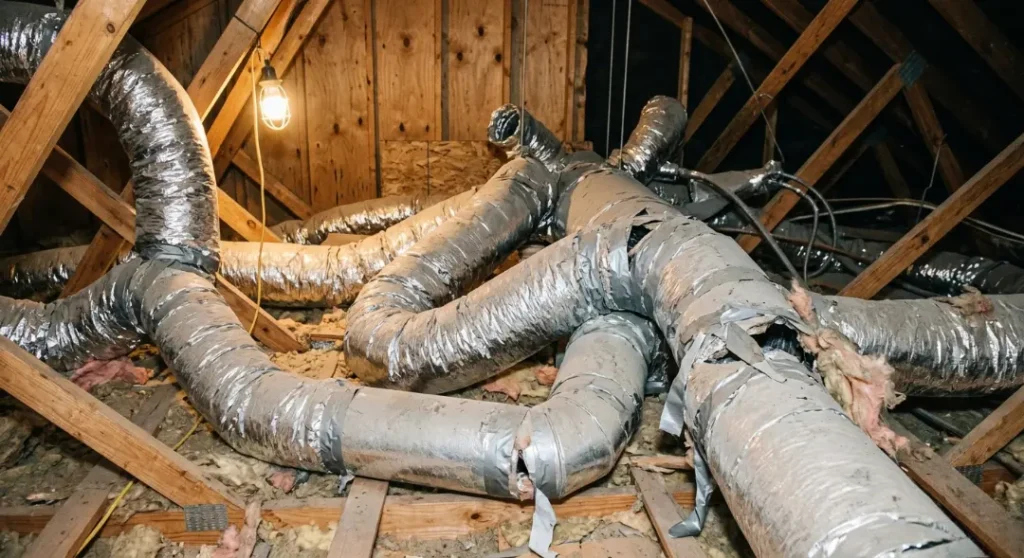 An attic space filled with messy, damaged HVAC ductwork. Multiple sections of silver, insulated flexible ducts are tangled and sagging. Several segments are severely torn, exposing the internal insulation, and are crudely patched with peeling grey duct tape. The ducts lie on the attic floor amidst wooden trusses and pink insulation, illuminated by a single work light hanging on the left.