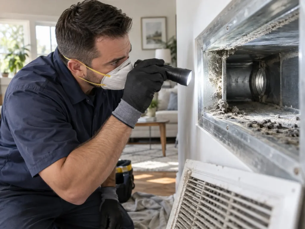 HVAC technician inspecting dusty air ducts