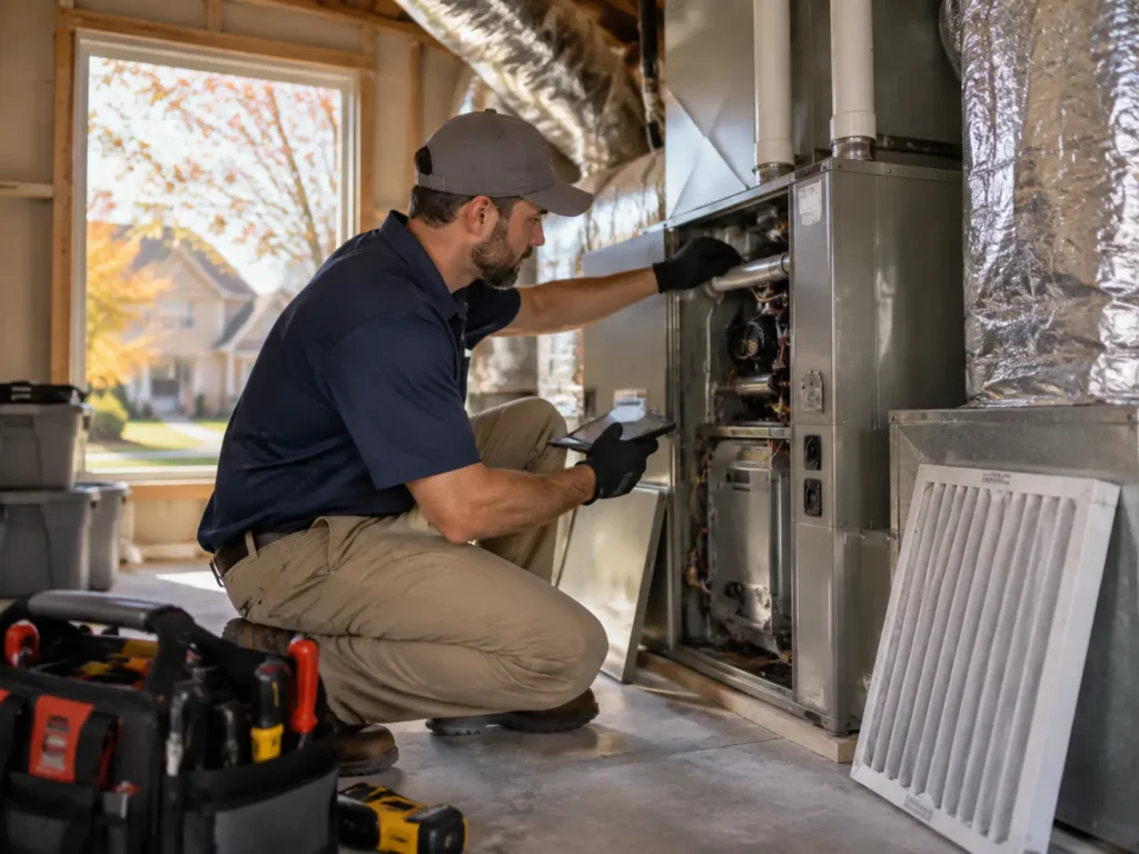 HVAC technician inspecting furnace